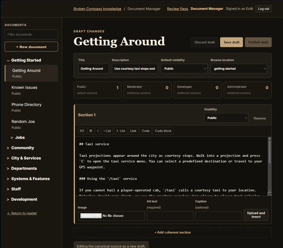 Broken Compass Document Manager editing a Getting Around draft with visibility controls, Markdown, save and publish actions.