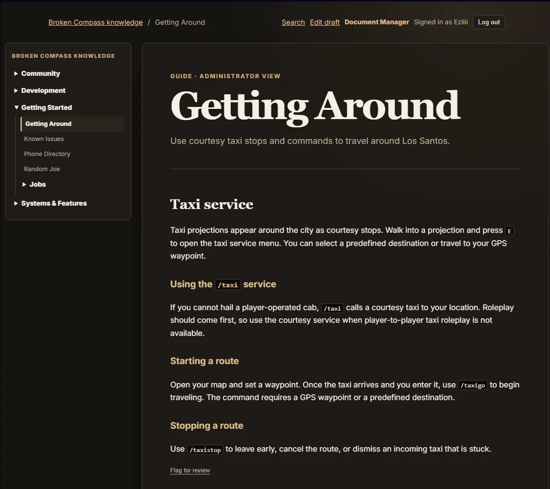 Getting Around guide in Broken Compass Knowledge, with audience label, navigation, taxi instructions, and Flag for review link.