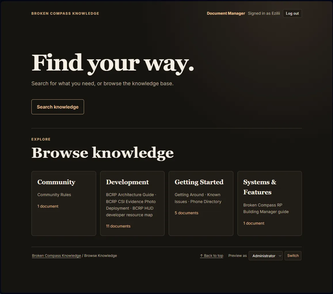Authenticated Broken Compass Knowledge home with Development and Systems and Features categories alongside Public categories.