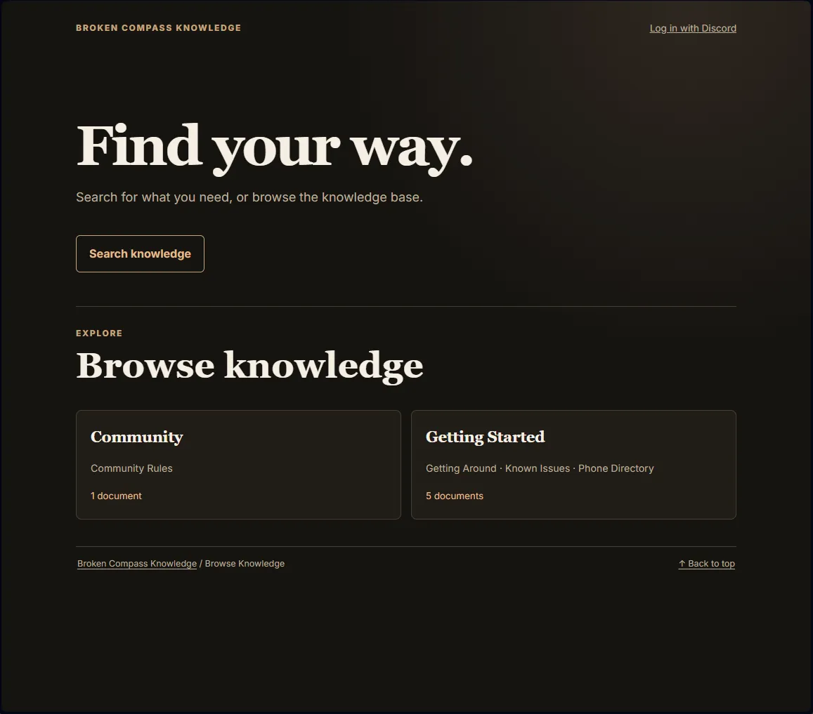 Public Broken Compass Knowledge home with only public categories visible.