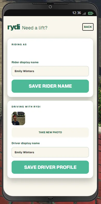 Rydi profile screen inside the in-game phone, showing separate rider name and driver photo and name fields.