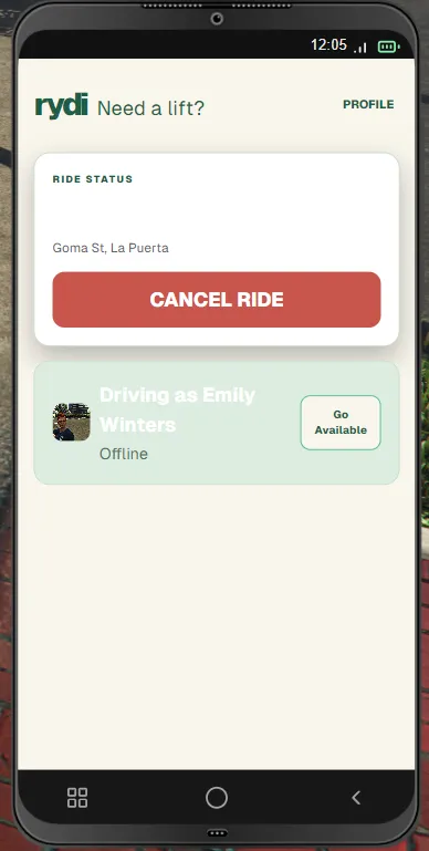 Rydi ride status screen inside the in-game phone after a ride request, showing the pickup location and cancel action.