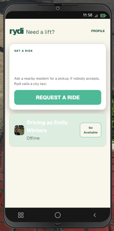 Rydi home screen inside the in-game phone, showing ride request and driver availability controls.