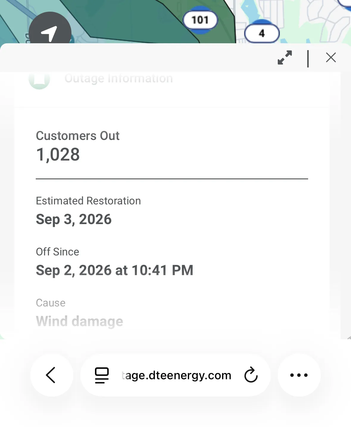 Privacy-safe cropped DTE outage-status screenshot showing an estimated restoration date of September 3, 2026.