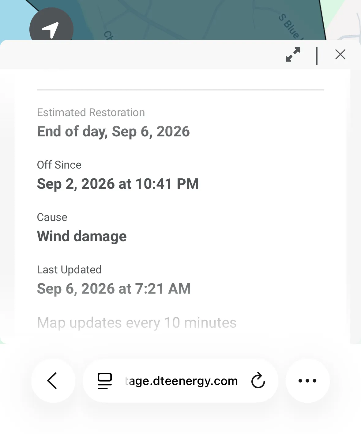 Privacy-safe cropped DTE outage-status screenshot showing a later estimated restoration of end of day September 6, 2026.