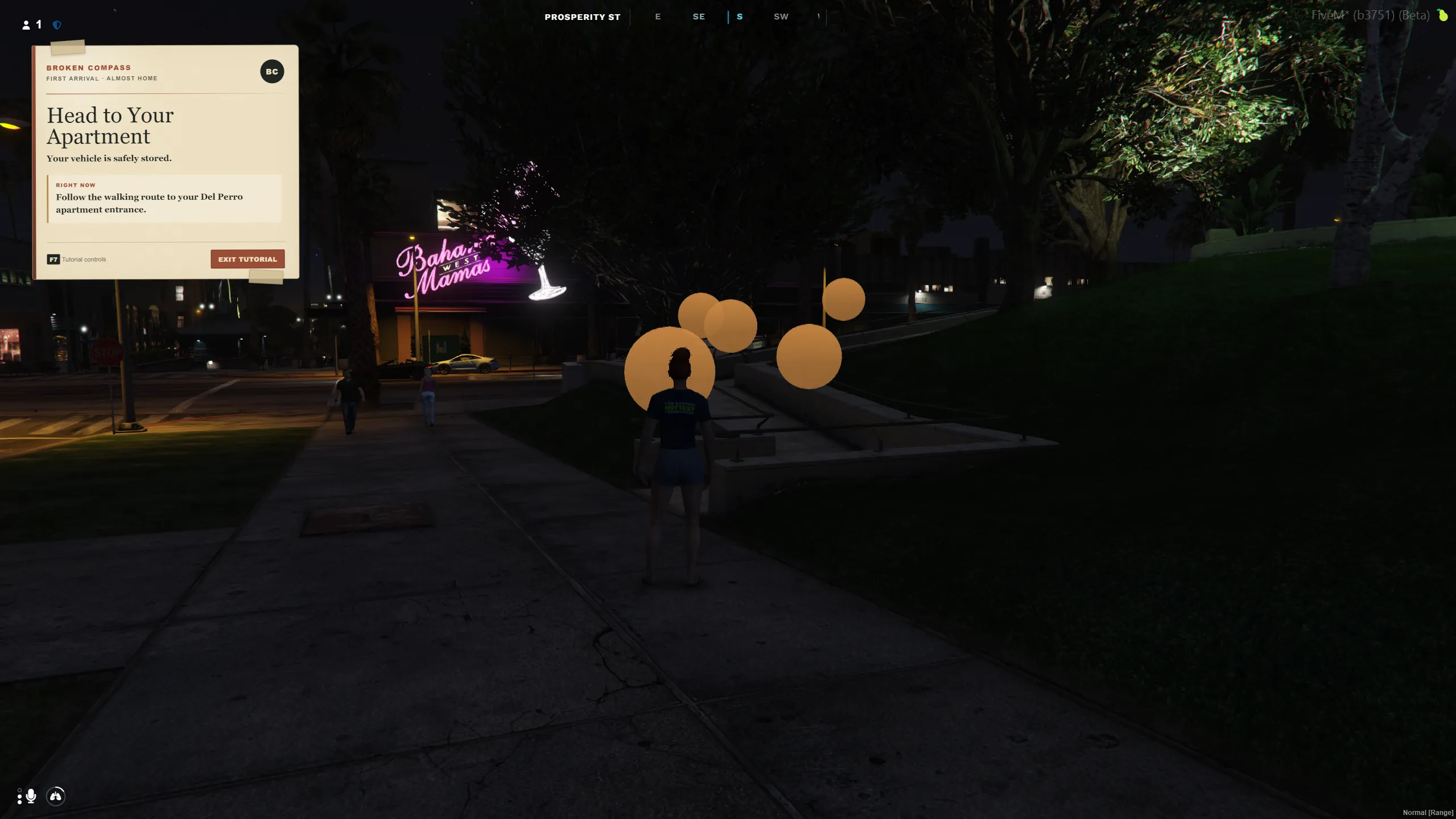 First Arrival's small apartment prompt and orange walking breadcrumbs alongside the normal Broken Compass streetscape.
