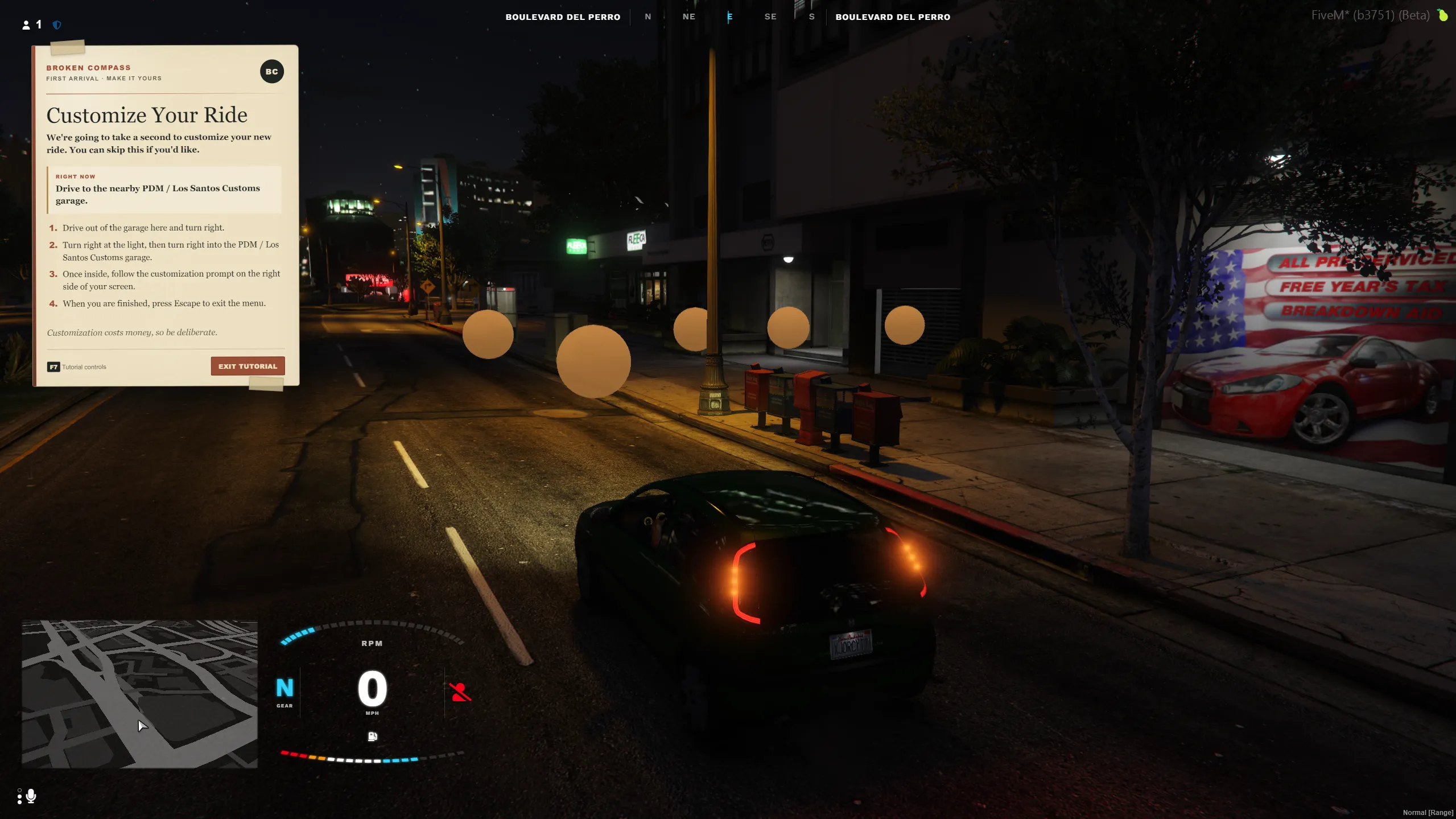 Player seated in their vehicle near Customs, with Customize Your Ride instructions and orange world-space breadcrumbs alongside the normal driving interface.