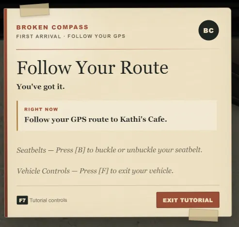 Follow Your Route prompt with a short instruction to follow GPS to Kathi's Cafe and contextual seatbelt and vehicle exit controls.