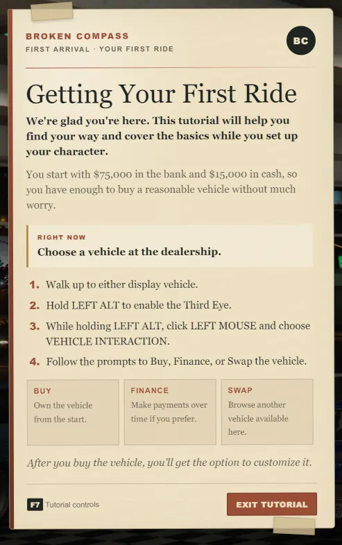 Getting Your First Ride instructions explaining Third Eye and the dealership's buy, finance, and vehicle swap choices.