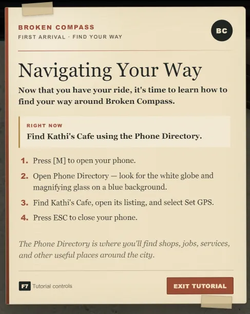 Navigating Your Way prompt teaching how to open the phone, find Kathi's Cafe in the Phone Directory, and set GPS.