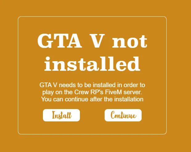TheCrew launcher prerequisite prompt stating that GTA V is not installed, with Install and Continue actions.