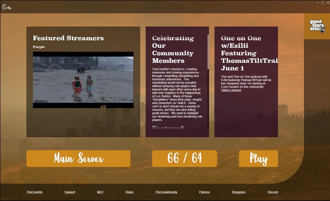 TheCrew launcher home screen showing community content, server status, play access, and supporting links.