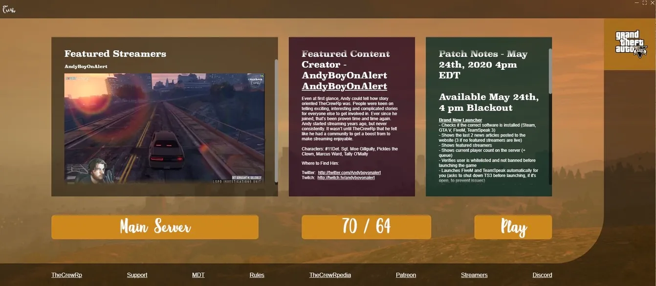 Historical TheCrew launcher home screen showing patch notes, server population and status, play access, community content, and supporting links.