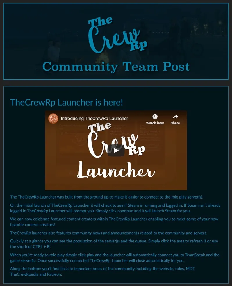 Historical TheCrew community-team announcement introducing the launcher and describing prerequisite checking, connection, community content, server information, and supporting links.