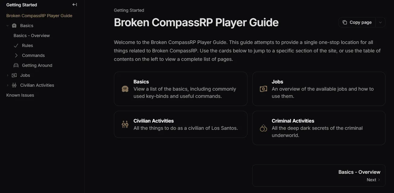 Broken Compass Player Guide home page showing primary categories, persistent sidebar navigation, and routes into detailed guidance.