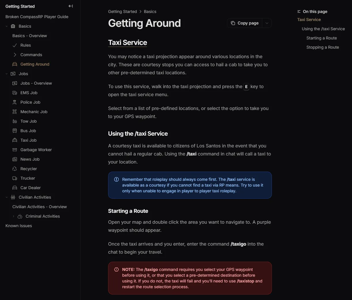 Broken Compass Player Guide taxi procedure with navigation, constraints, and recovery instructions.
